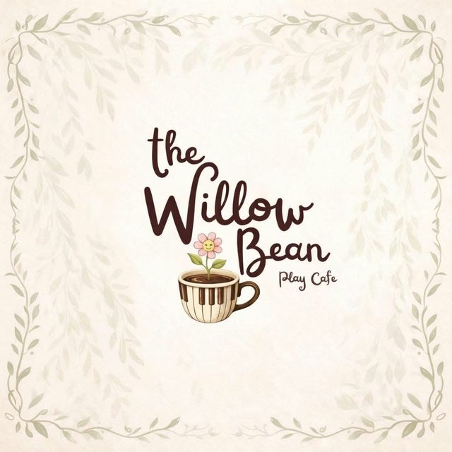 The Willow Bean Play Cafe logo - a coffee cup with piano keys, a smiling flower growing from it, and the business name in elegant script